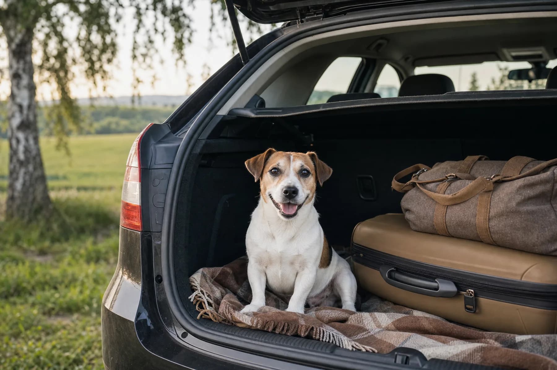 Usměvavý jack russell teriér sedí v kufru auta vedle zavazadel
