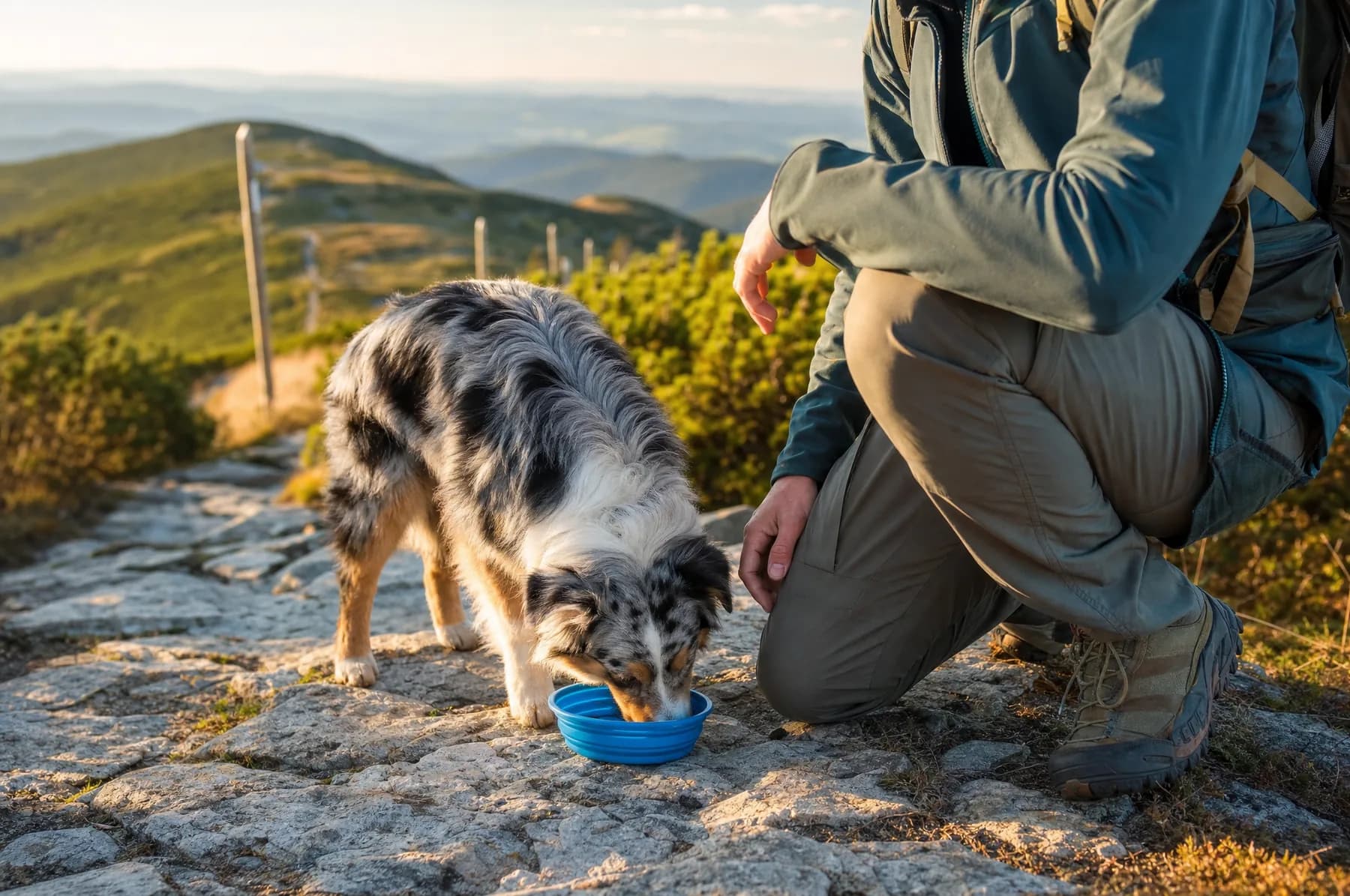 Australský ovčák pije ze skládací misky na horské cestě, vedle klečí turista