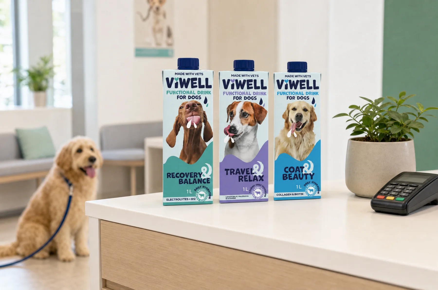 Pult veterinární recepce se třemi baleními ViWell 1 l, v pozadí čeká kudrnatý pes